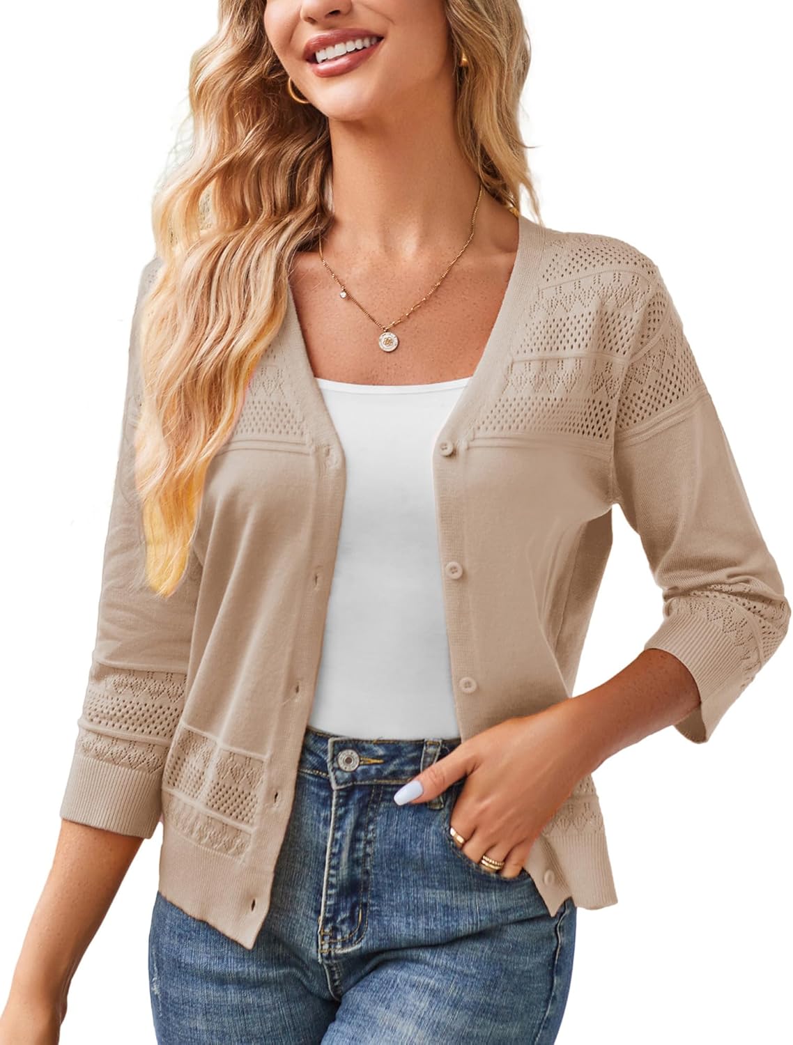 GRACE KARIN Women's Cropped Cardigan, Special 3/4 Sleeve Lightweight Crochet Shr...