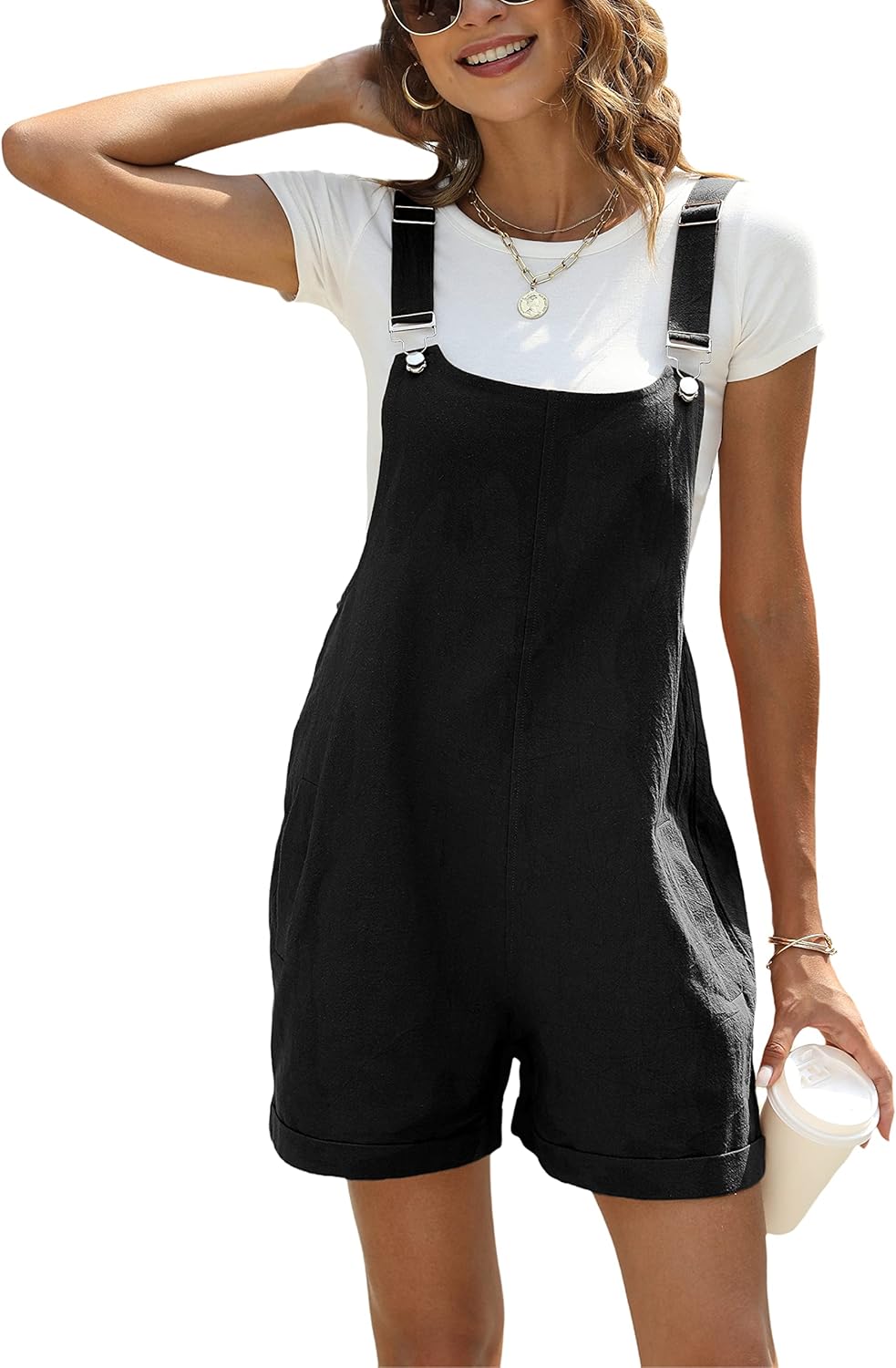Ailoqing, Special Womens Cotton Linen Short Overalls, Unique Casual Summer Bib S...