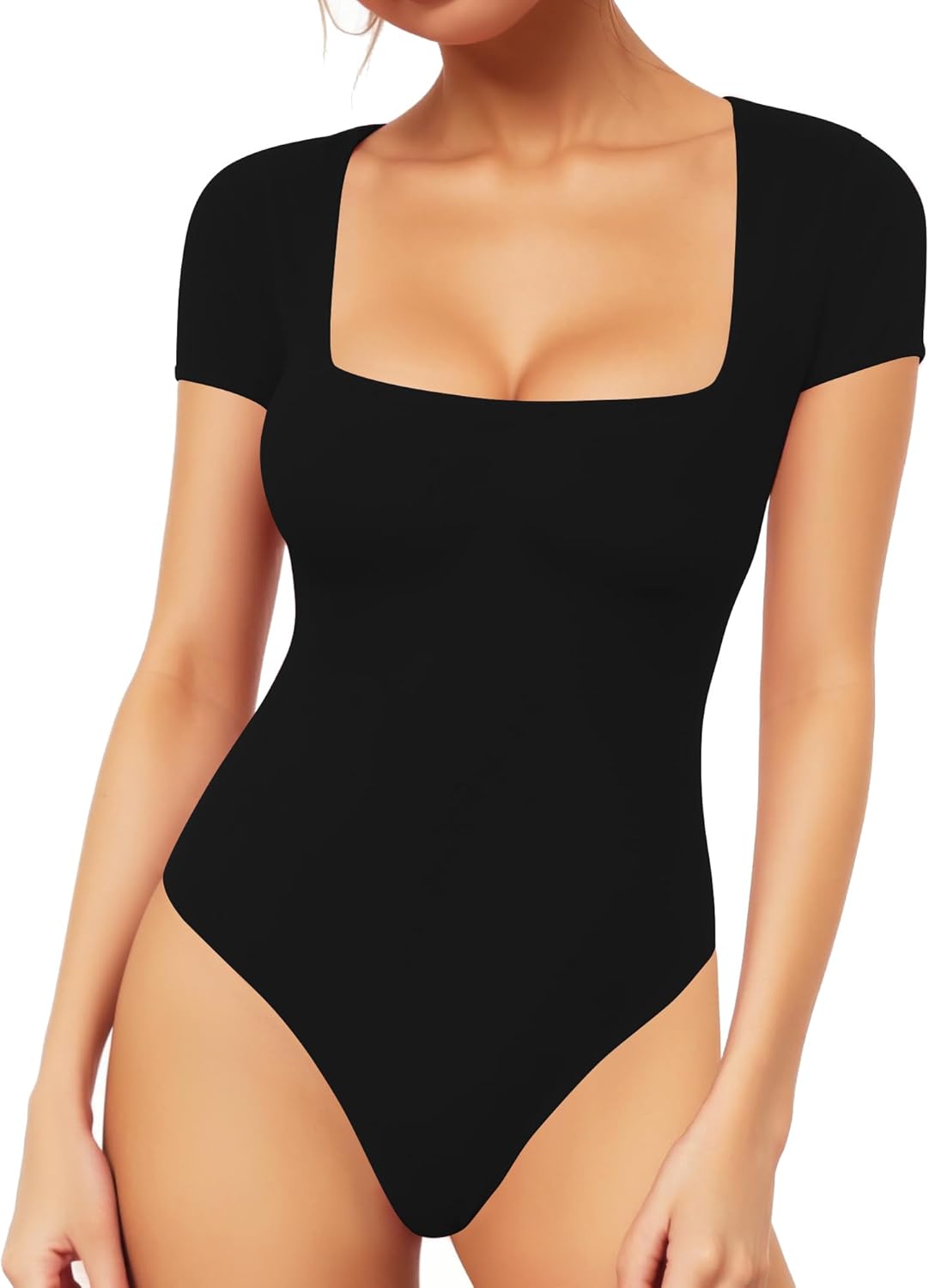 MANGOPOP Women's Bodysuit, Special Short Sleeve Shirt Tops, Innovative Square Ne...