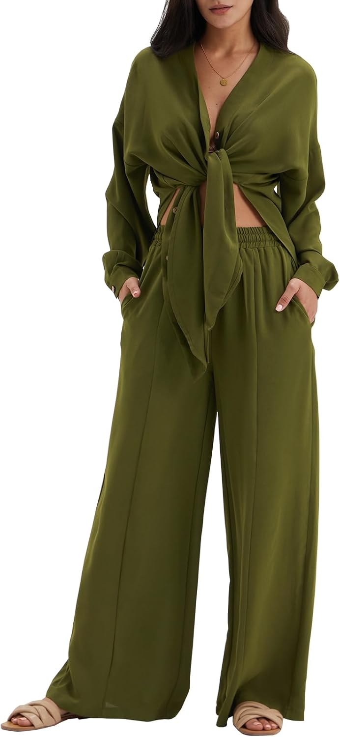 DEEP SELF Womens 2 Piece Outfits Casual Long Sleeve Slit Hem Button Down Shirt W...