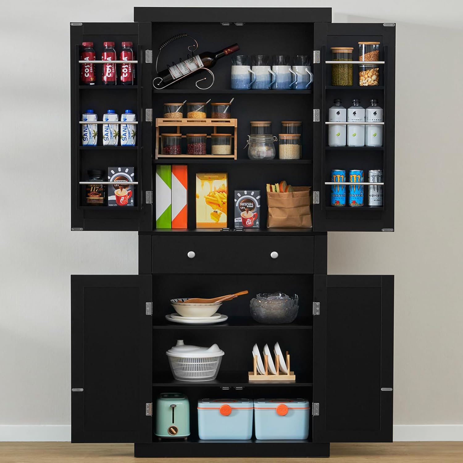 usikey 72” Kitchen Pantry Cabinet, Tall Storage Cabinet with 4 Doors and 1 Drawe...