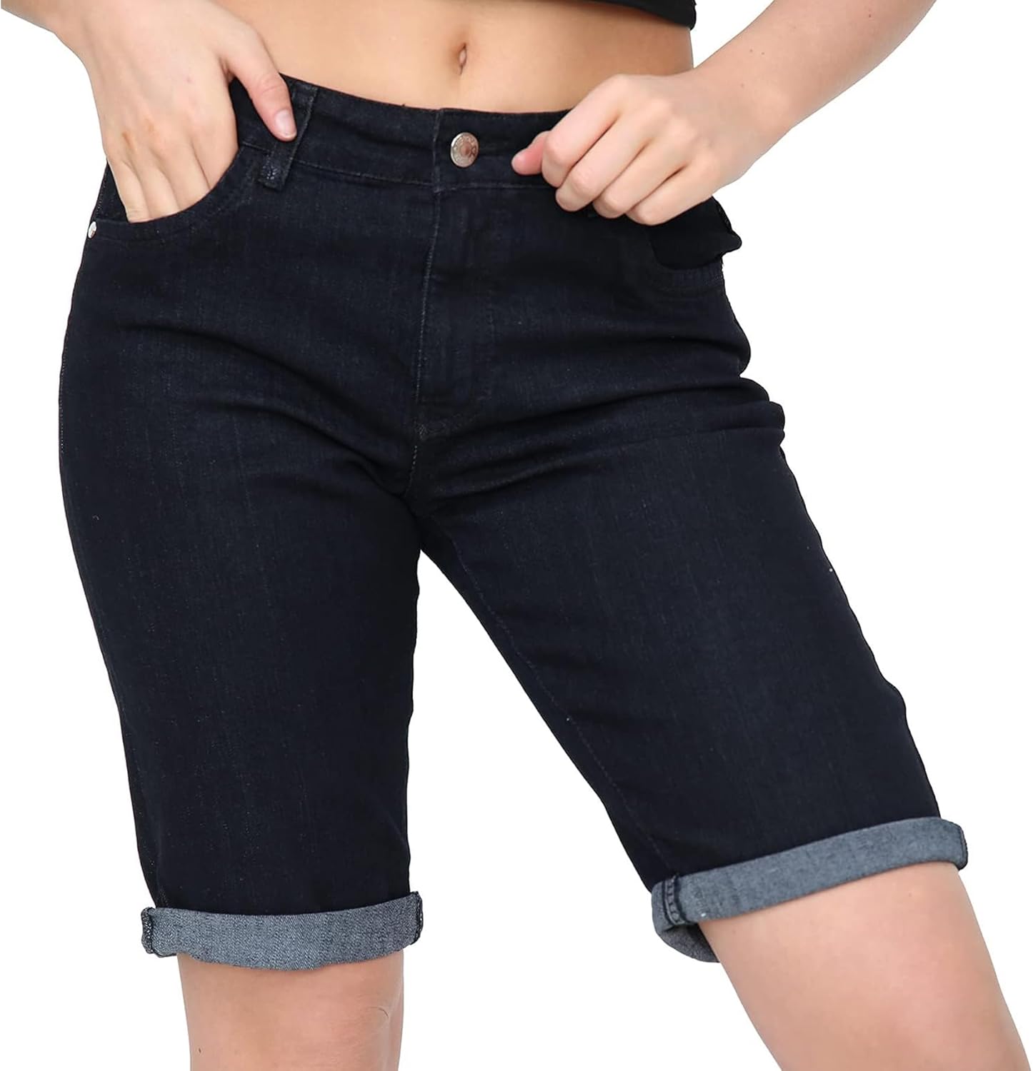 NOROZE Women's Ladies Knee Length Denim Stretchy Bermuda Shorts Contrast Turn Up...