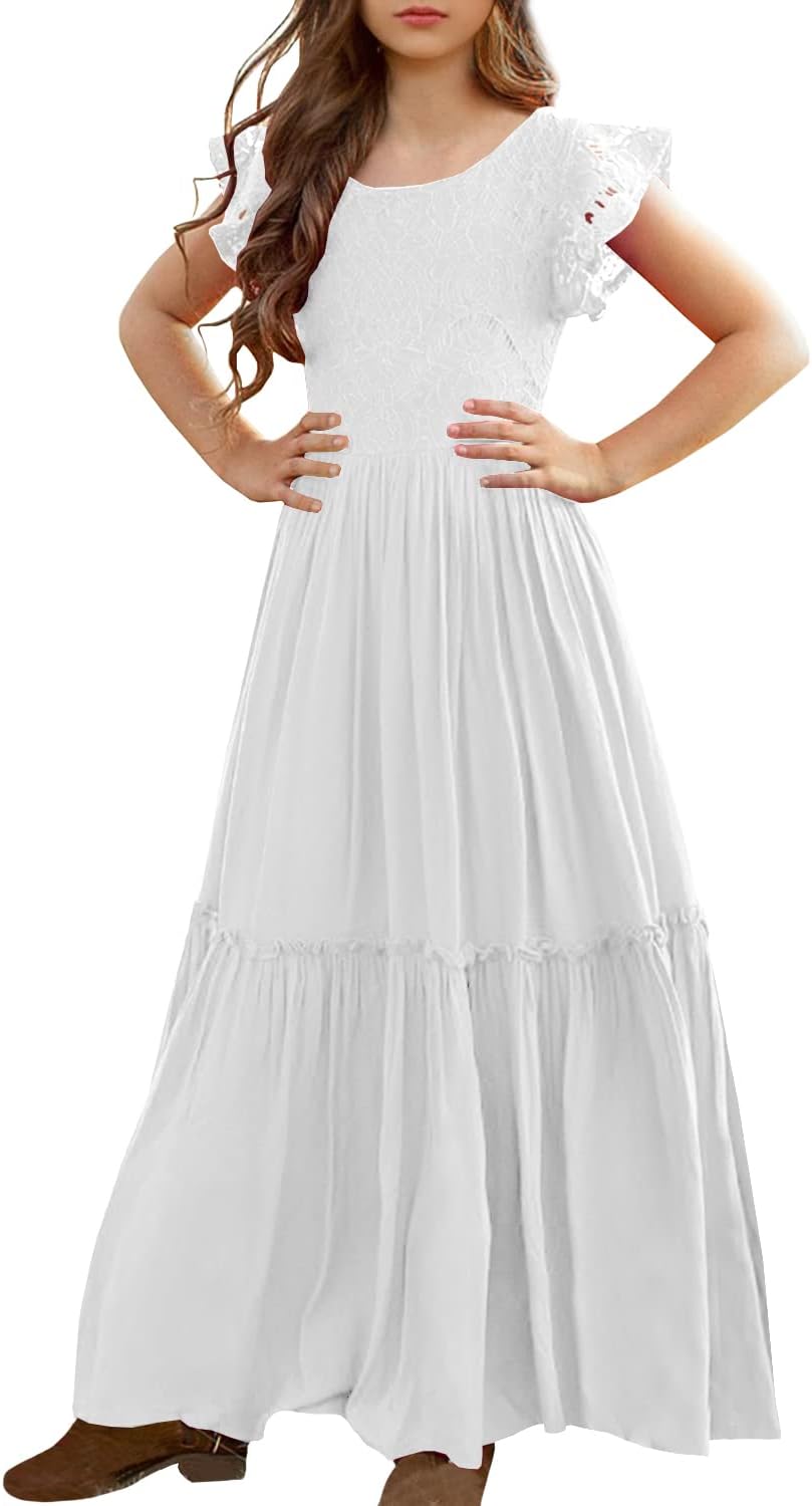 MITILLY Girls Lace Flower Dress, Special Ruffle Sleeve A-Line Swing Dress, Innov...