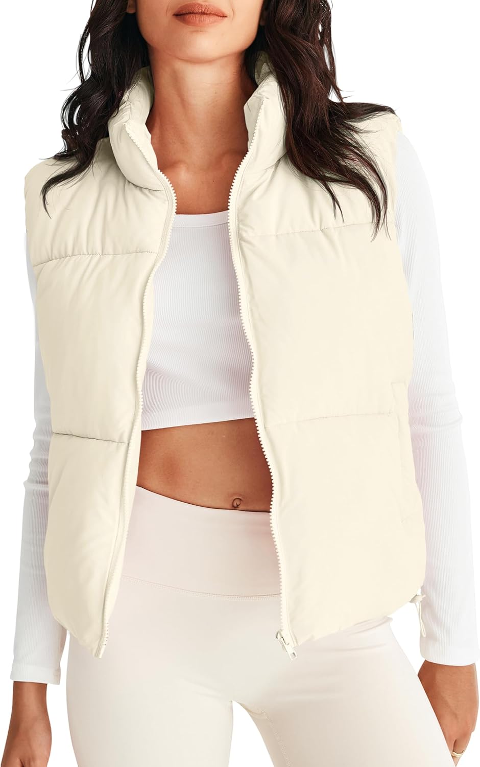 MEROKEETY Women's Puffer Vest, Special Stand Collar Zip Up Vest, Innovative Slee...