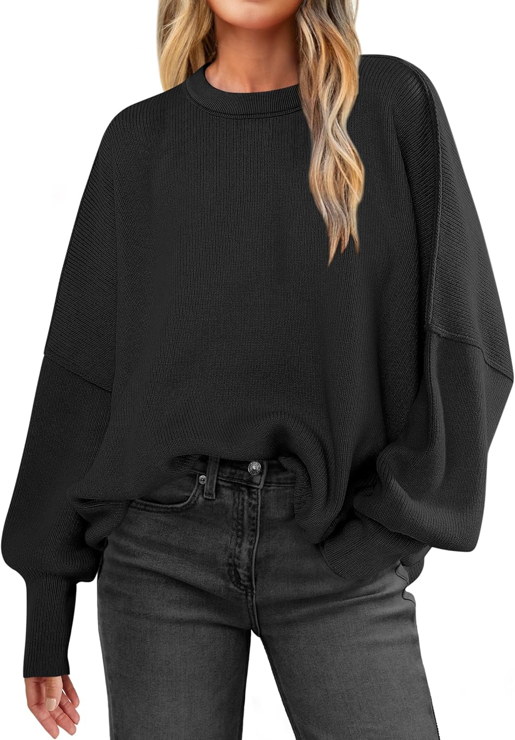 LOGENE Women's Oversized Batwing Long Sleeve Crewneck Side Slit Ribbed Knit Pull...