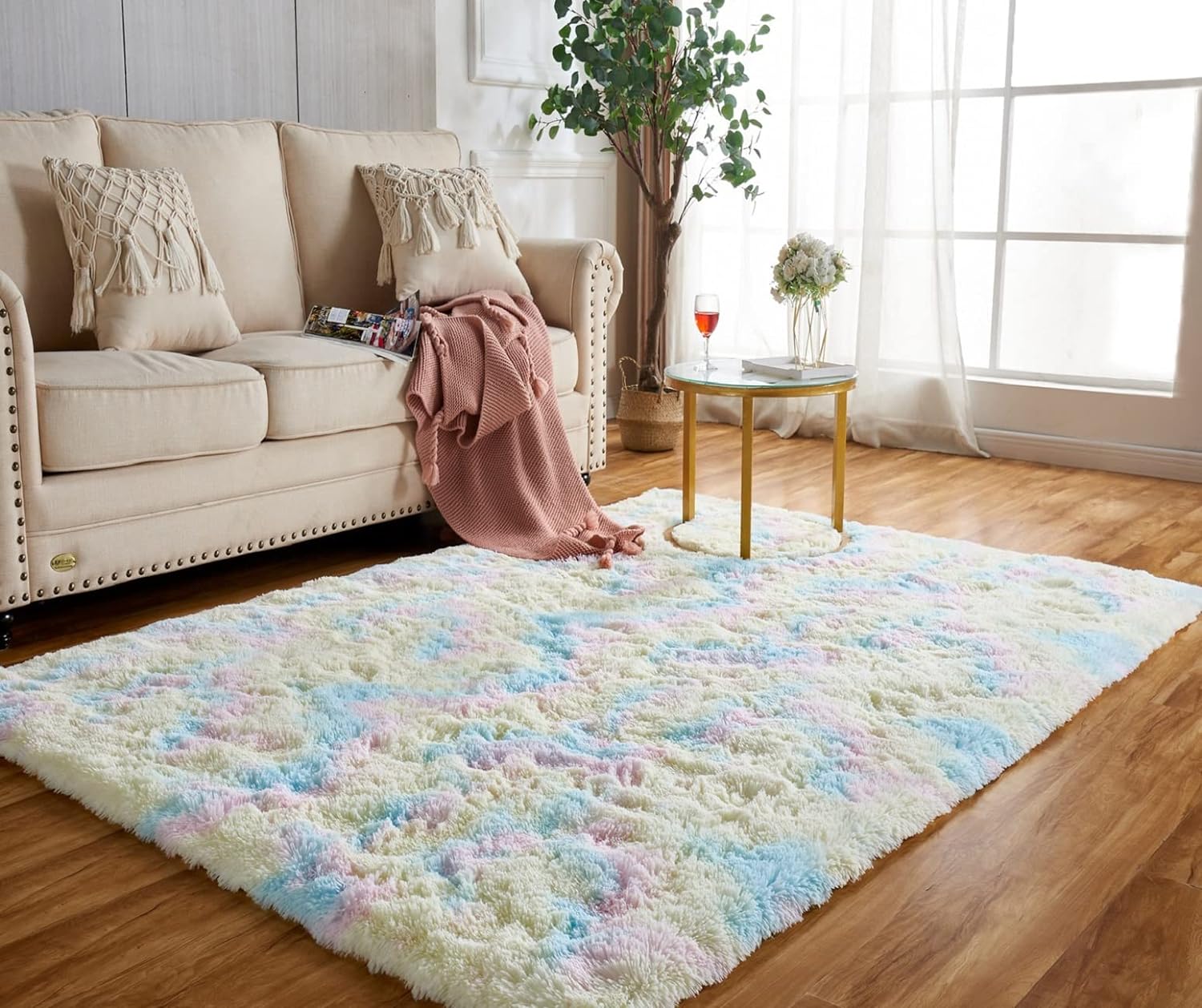 Achiiso Fluffy Rainbow-Rug,Long Pile Shaggy Rug, Anti-slip Comfy Soft Rugs for B...