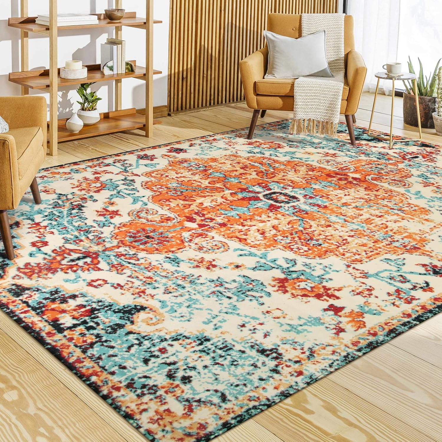 Lahome Boho Rugs, Special Washable Orange Bedroom Area Rug, Innovative Soft Low...
