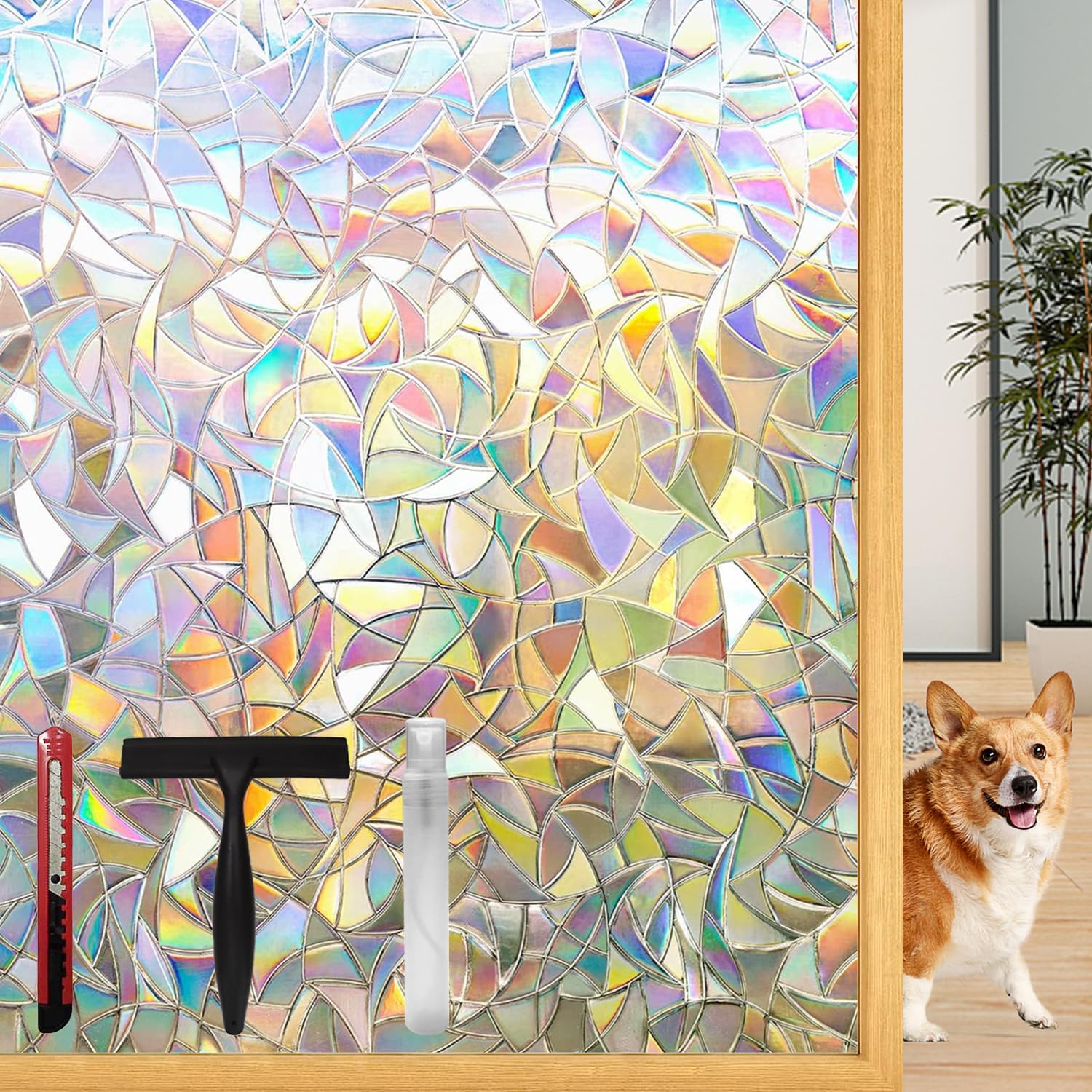 Rainbow Window Privacy Film with Installation Tools, 3D Decorative, Stained Glas...
