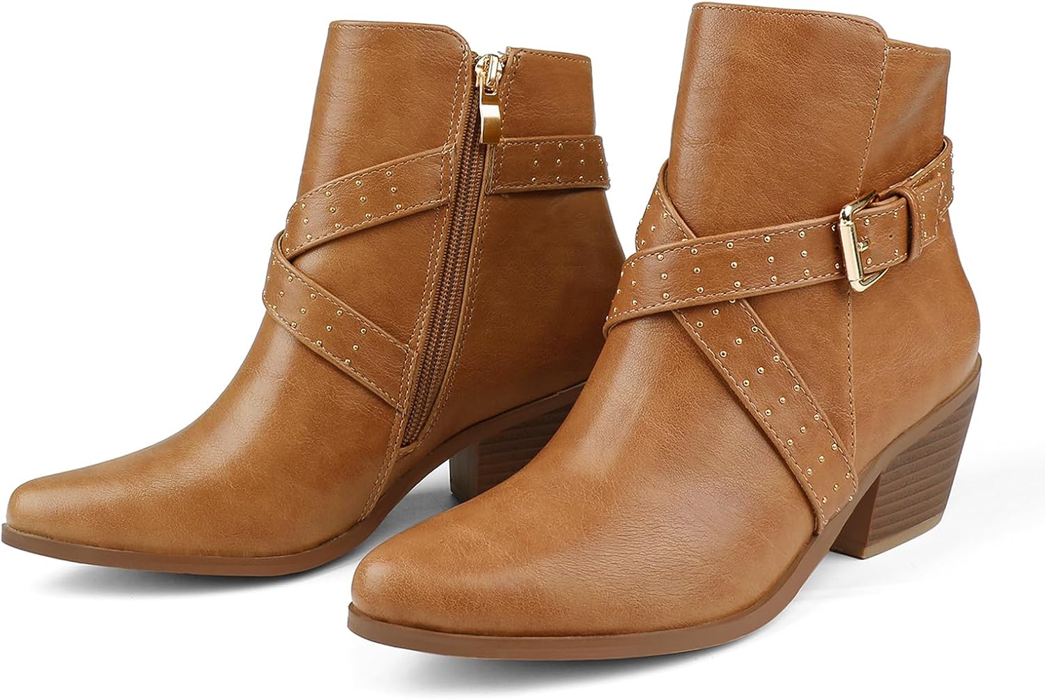 JOY IN LOVE Ankle Boots for Women Low Chunky Heel Zipper Booties 9.5 Brown Matte