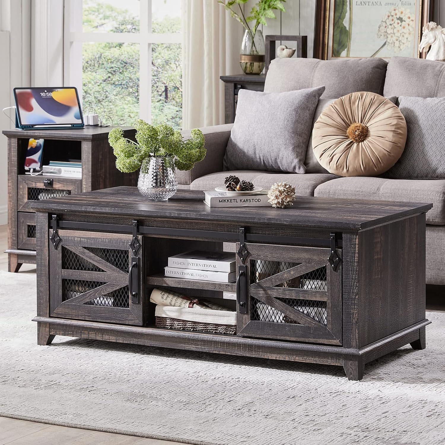 OKD 48'' Coffee Table with Storage & Sliding Barn Doors, Farmhouse & Industrial...