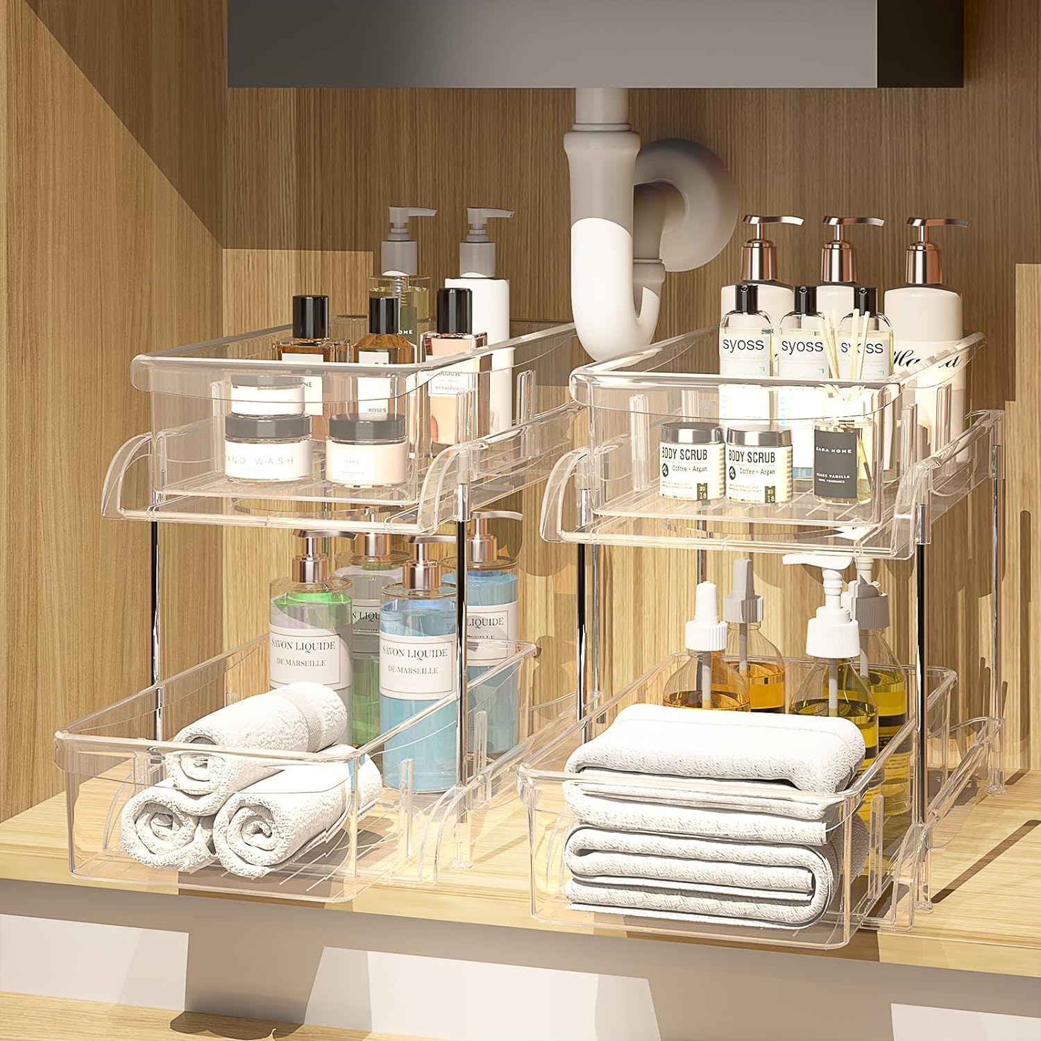 2 Pack Bathroom Cabinet Organizer, 2 Tier Clear Under Sink Organizers and Storag...