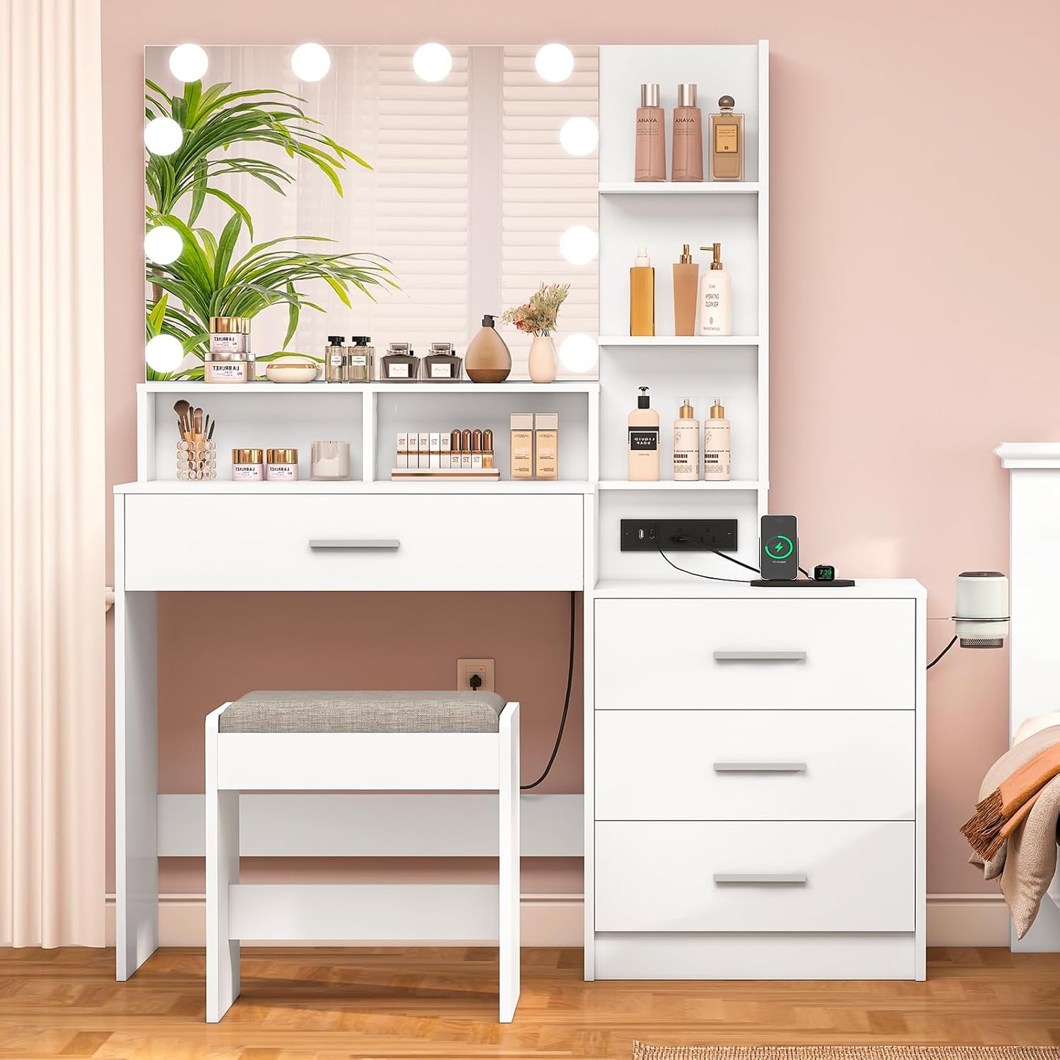 usikey Large Vanity Table Set with Lighted Mirror & Charging Station, Makeup Van...