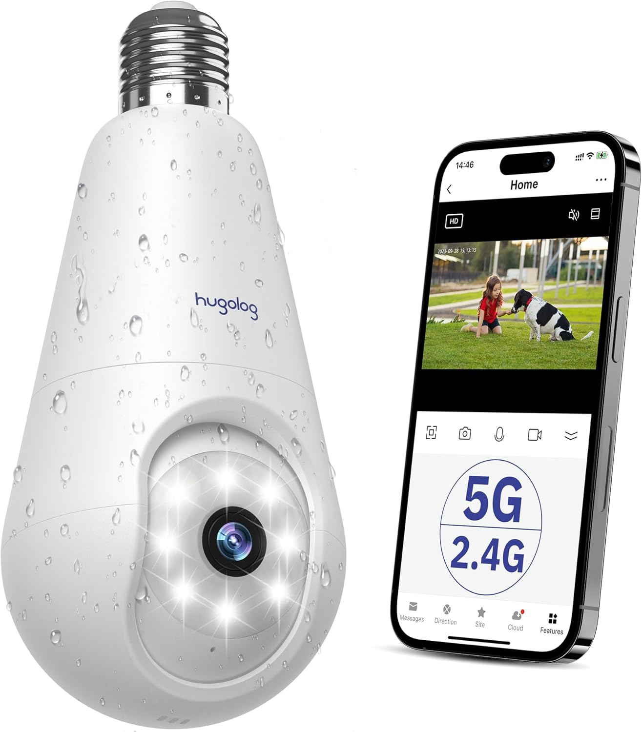 Hugolog 2K 3MP Light Bulb Security Camera 5G& 2.4GHz WiFi, 360° Wireless Outdoor...