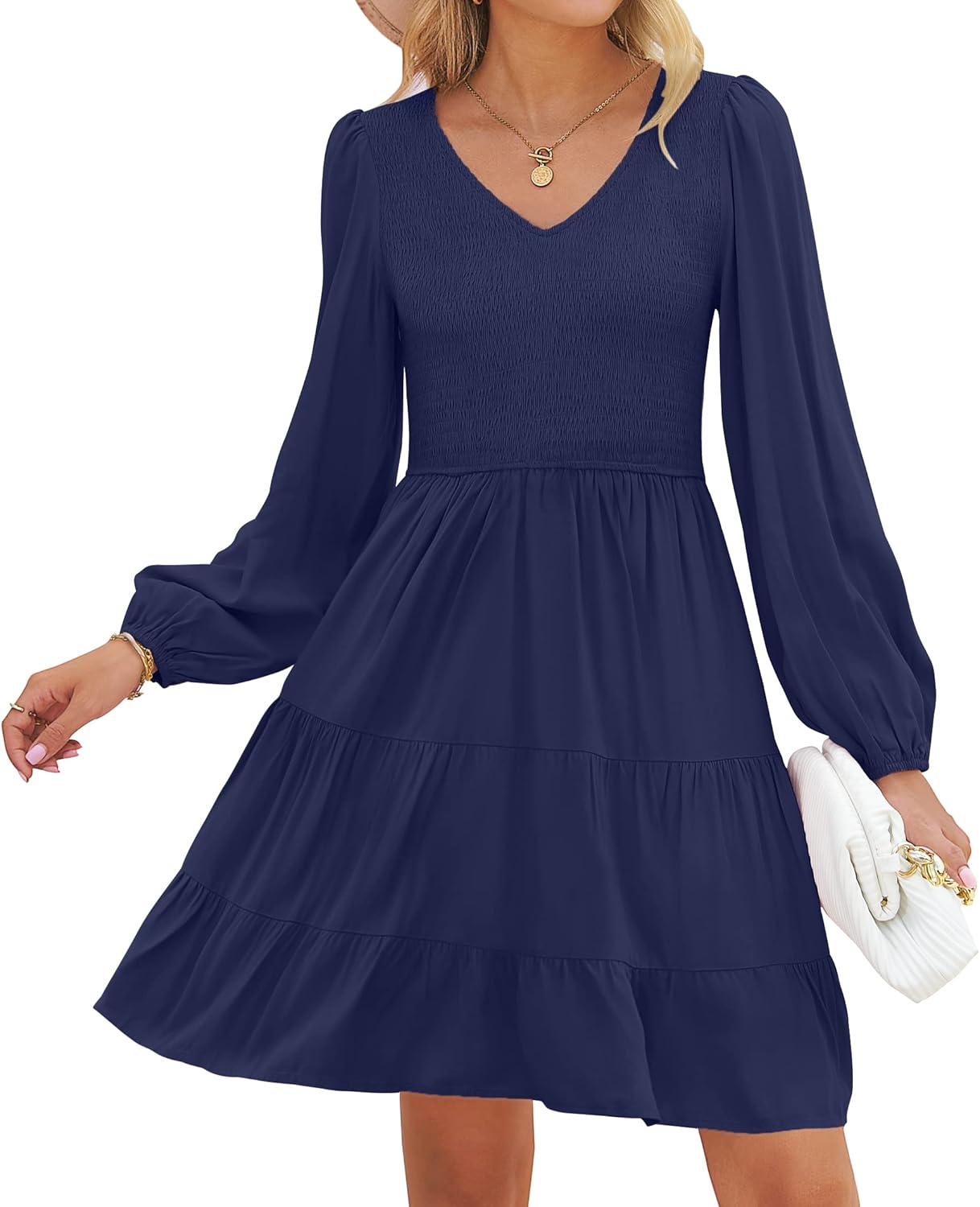 ZESICA Women's Dress, Special V Neck Long Sleeve Dress With Smocked High Waist,...