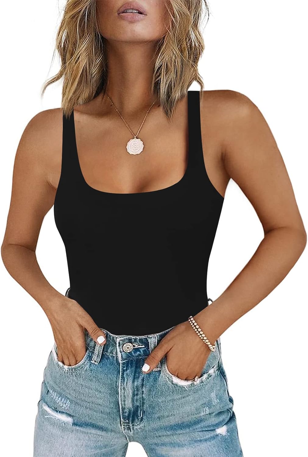 Chunpin Women's Bodysuit, Special Square Neck Sleeveless Bodysuit, Innovative Do...