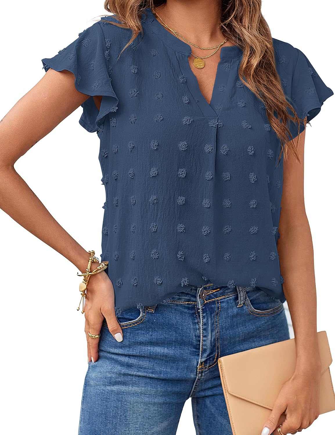 MEROKEETY Women 2024 Blouse, Special Summer V Neck Blouse with Ruffle Short Slee...