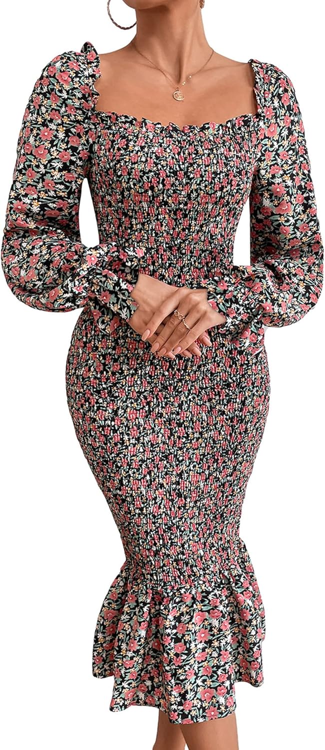 PRETTYGARDEN Women's Dress, Unique Long Puff Sleeve Floral Midi Bodycon Dress, S...