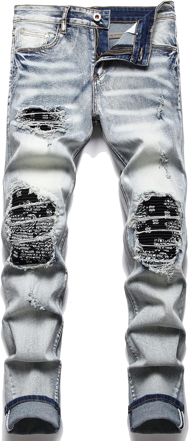 OIIIO Men's Patch Ripped Stretch Jeans, Special Regular Fit Jeans, Unique Jeans...