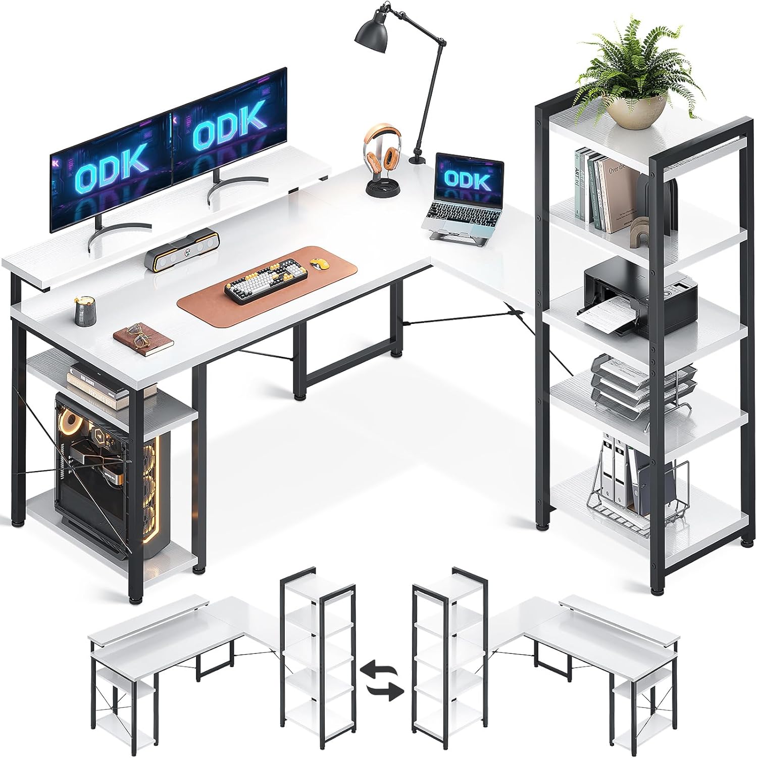 ODK Computer Desk with Shelves, Reversible L Shaped Desk with Monitor Stand, Rev...