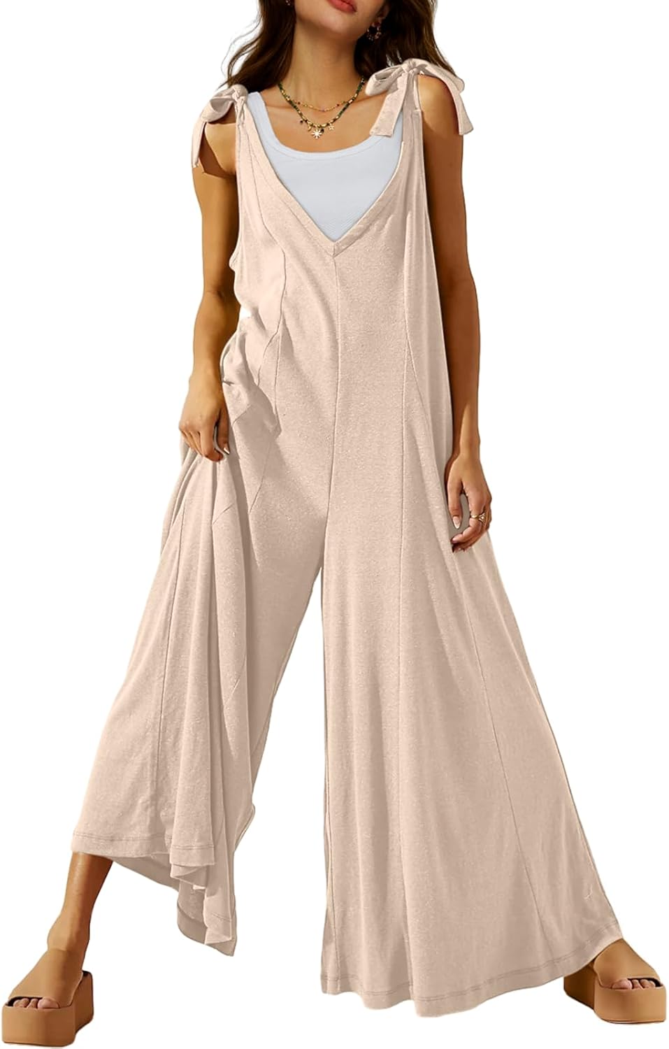 DEEP SELF Women's Summer Causal Jumpsuits Sleeveless Wide Leg Long Rompers V Nec...