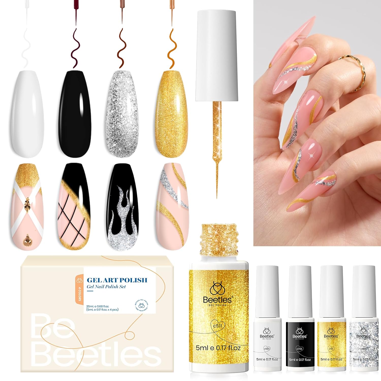 Beetles Nail Art Liner Gel Polish Set, Special 4 Pcs Neutral Classic Glitter, In...