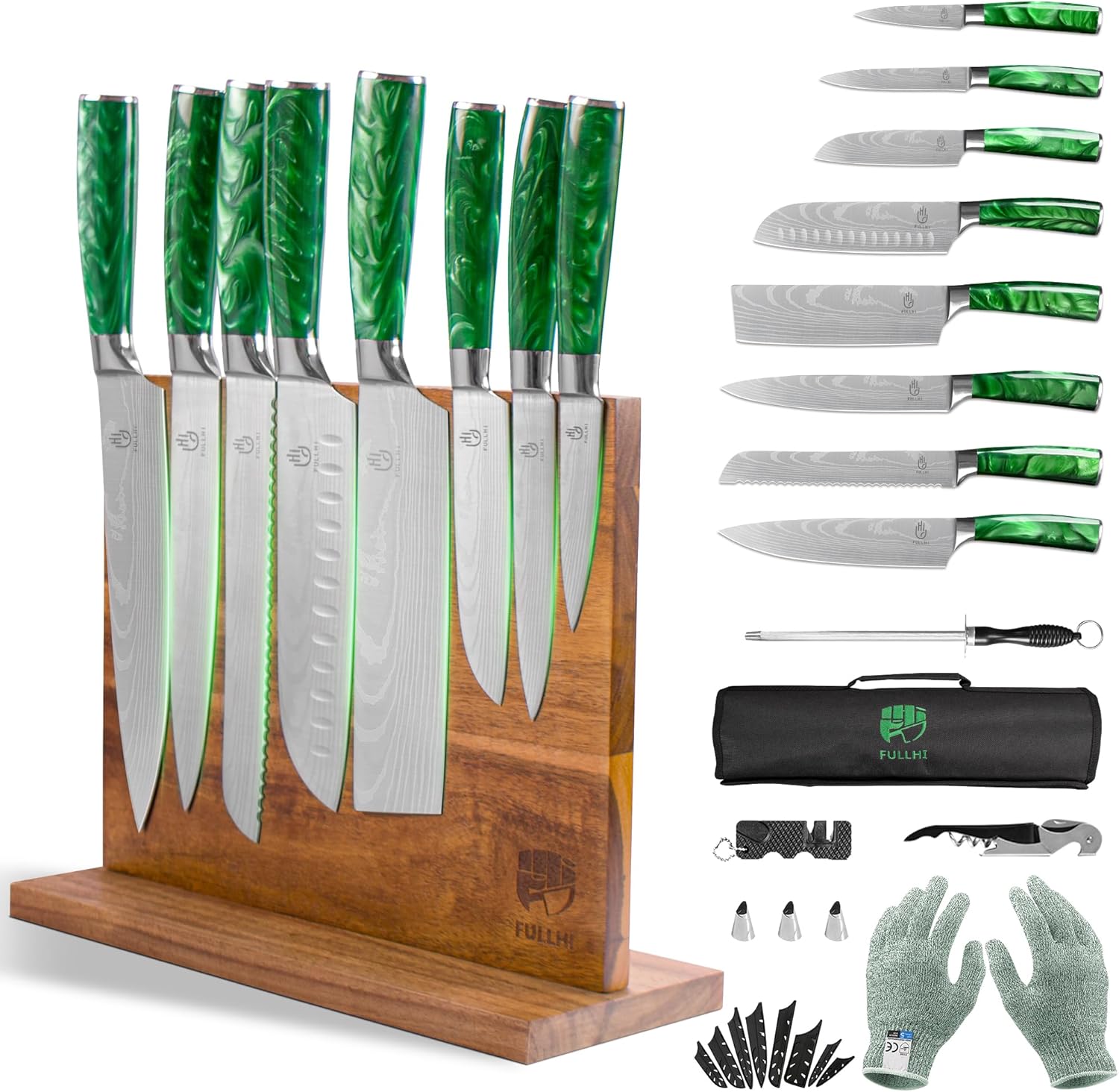 FULLHI 15pcs Japanese Knife Set, Special Knife Set with Magnetic Knife Block Hol...