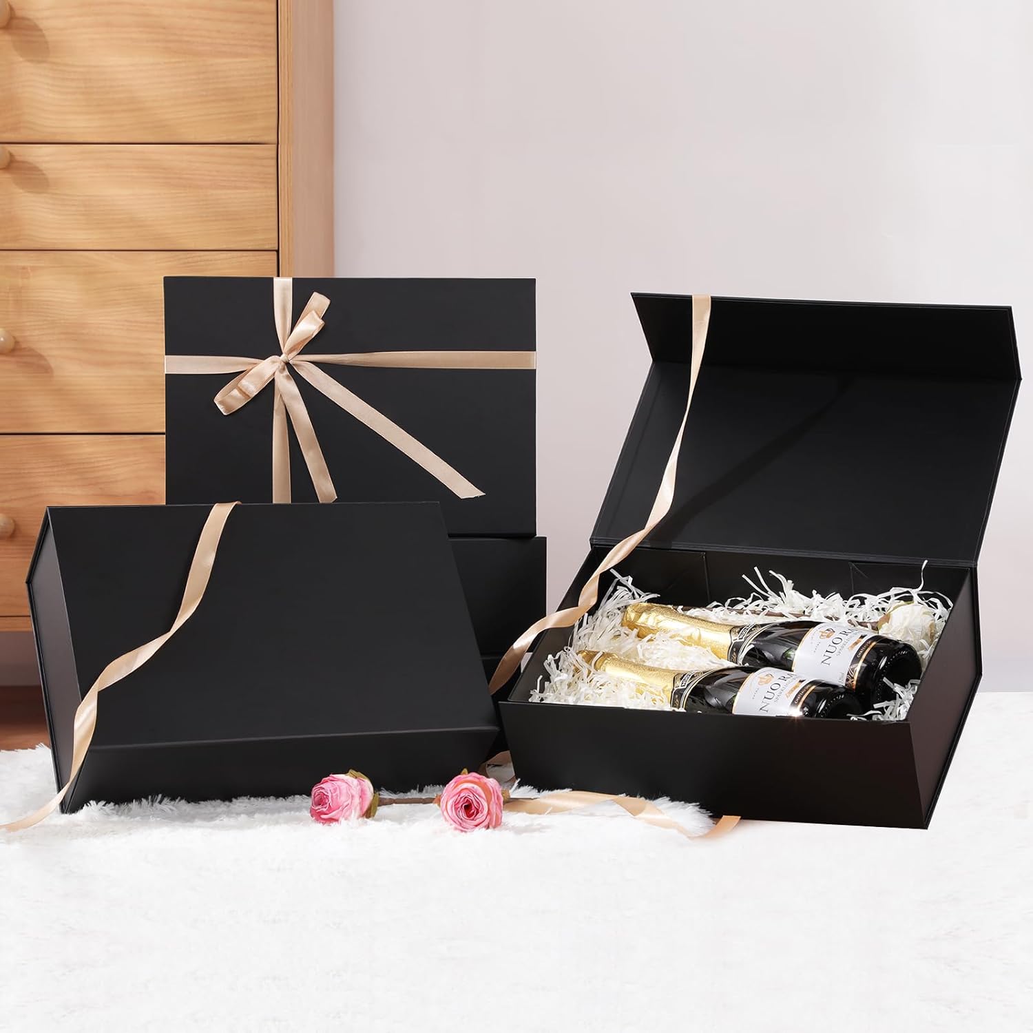 ELONG HOME Black Gift Box, 5 Pack 13"x 9"x 4" Large Gift Box with Ribbon and Mag...