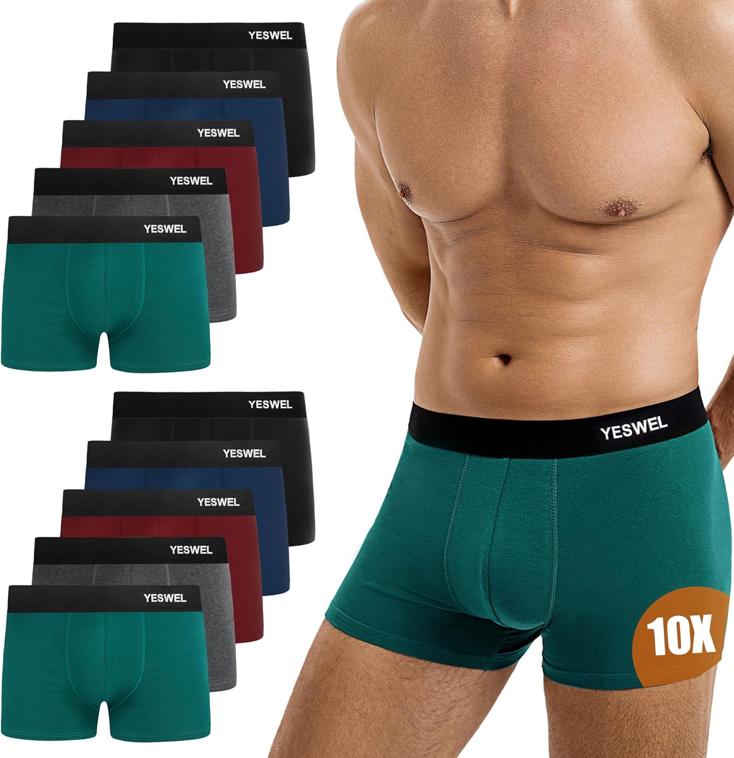 YESWEL Mens Boxers 10 Pack, Cotton Retro Boxer Shorts, Breathable Underwear Brie...