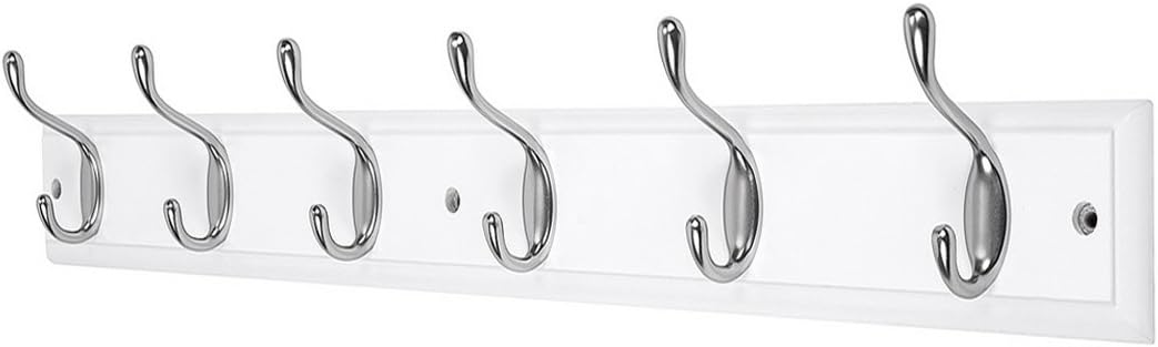 DOKEHOM 6-Satin Nickel Hooks on White Wooden Board Wall Mounted Coat Hook Rack H...