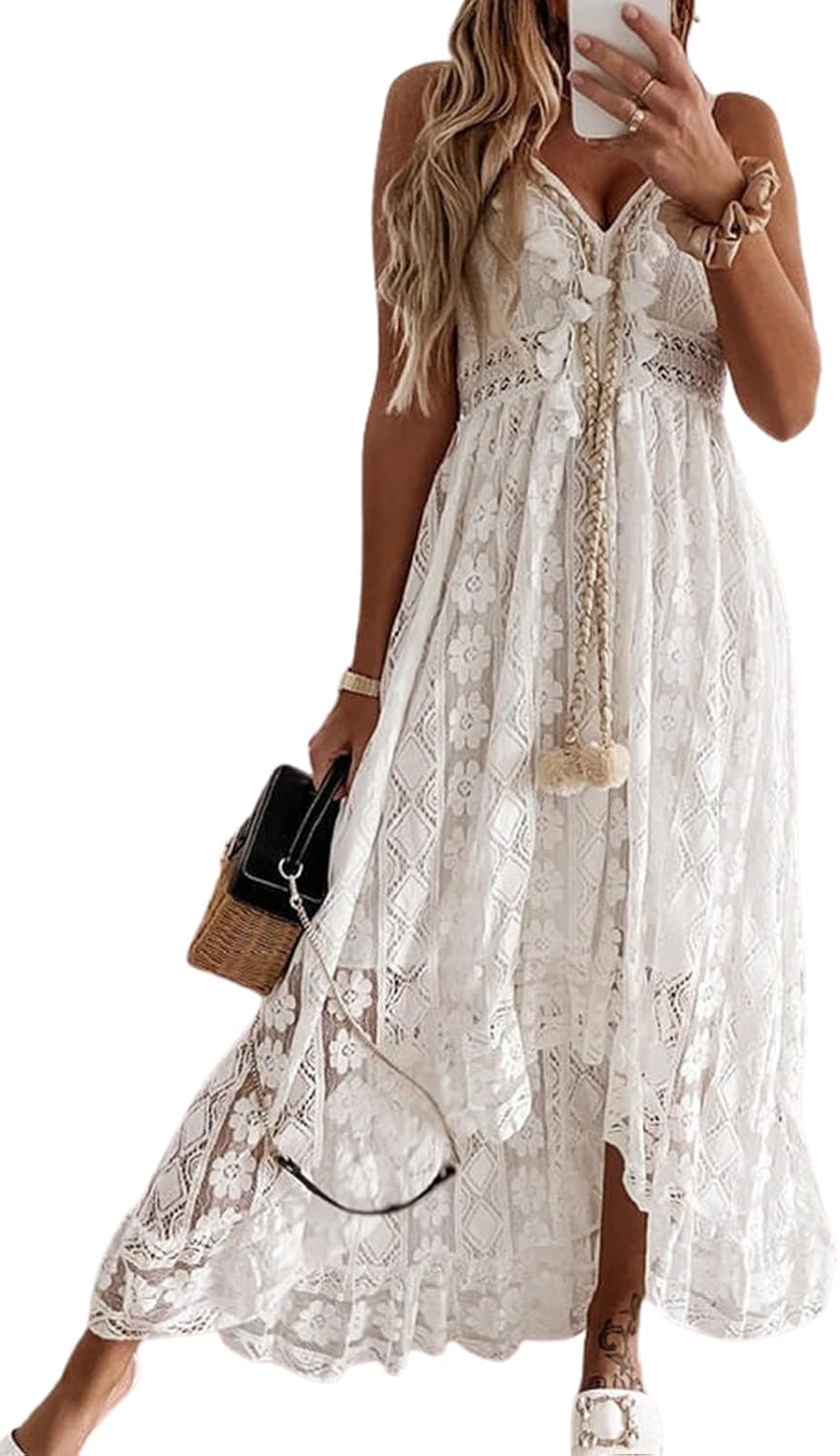 CUPSHE Women's Summer Slip Boho Maxi Dress Lace Up Tassel V-Neck Flare Ruffle Be...