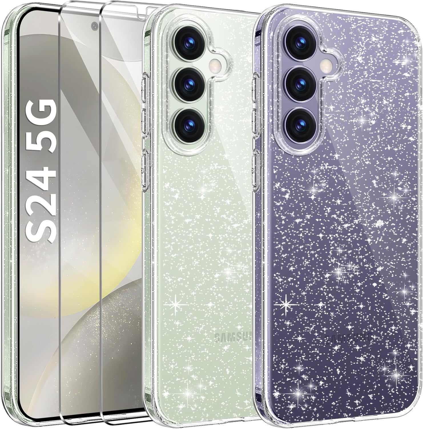 AROYI 3 in 1 Clear Glitter Case for Samsung Galaxy S24 5G Case with 2 Tempered G...