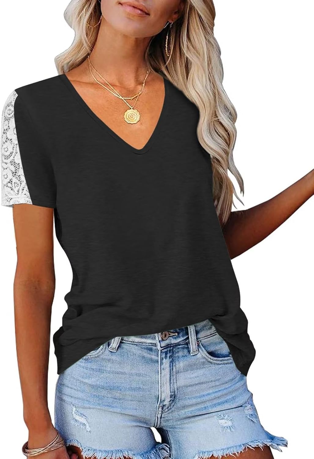 Women's Lace Short Sleeve T-Shirts, Special V Neck T-Shirts for Summer Casual To...