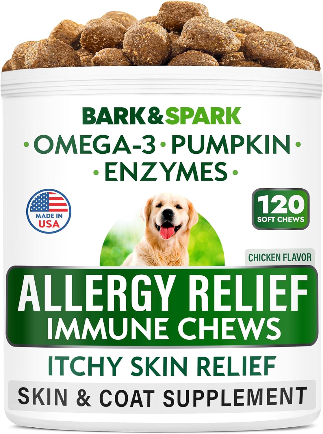 BARK&SPARK Dog Allergy Relief Chews - Anti-Itch Skin & Coat Supplement - Omega 3...