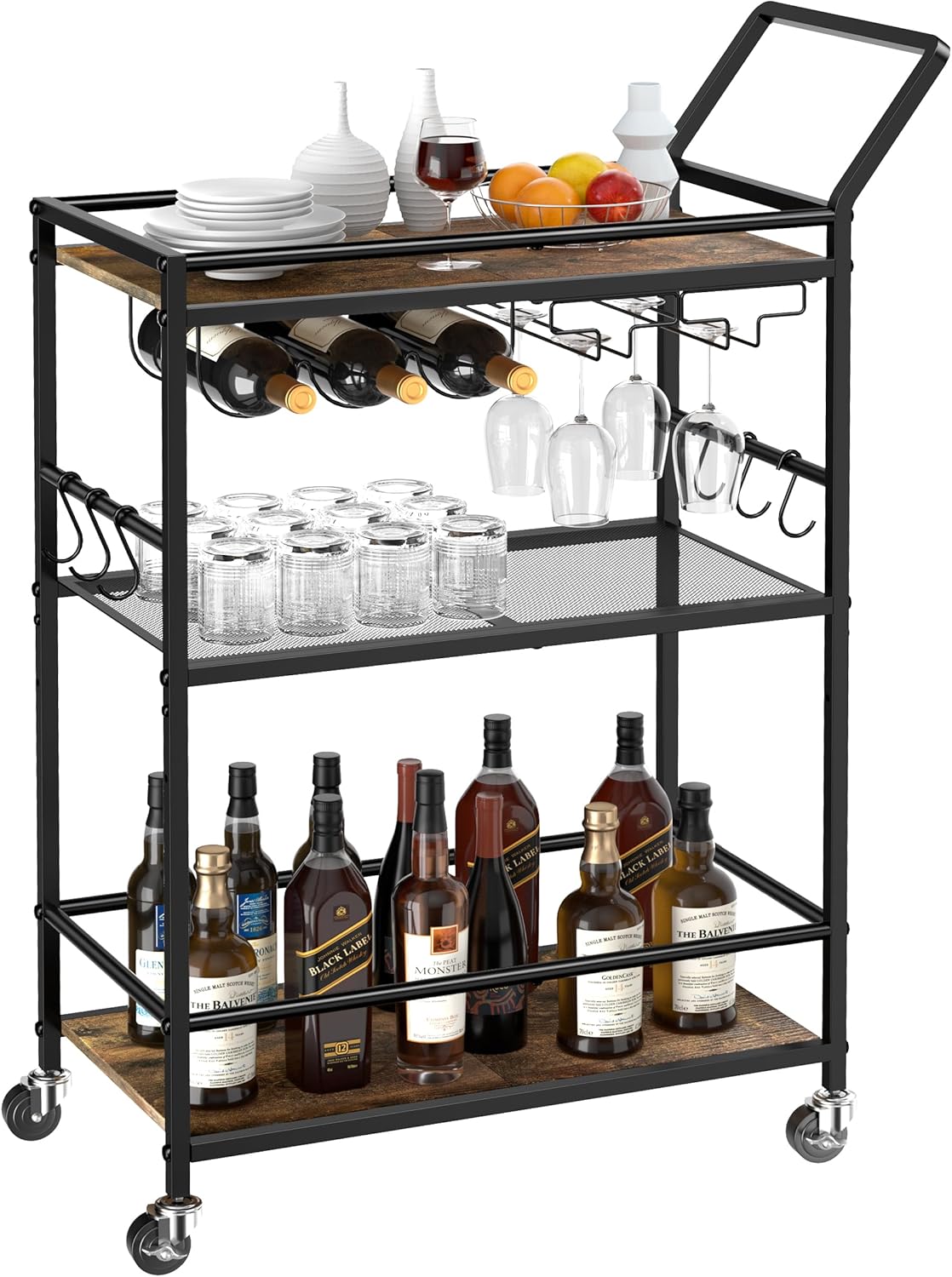 eletecpro 3-Tier Bar Cart Mobile Home Bar Serving Tool with Handrail and Wheels...