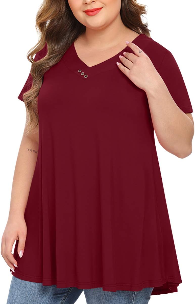 MONNURO Womens Tunic Tops, Special Plus Size Short Sleeve V Neck Button Basic Su...