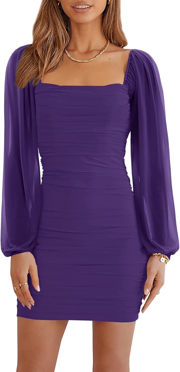 Wenrine Dress, Unique Women's Mesh Long Sleeve Square Neck Ruched Party Club Coc...