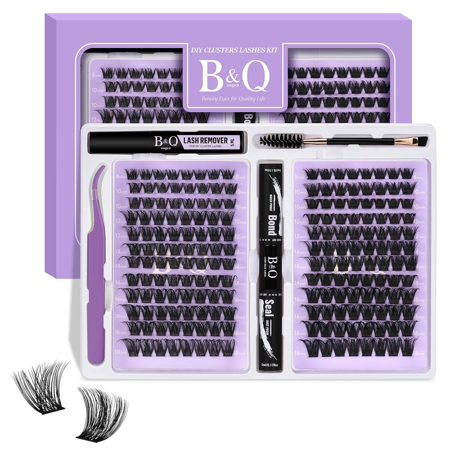 B&Qaugen Lash Extension Kit 192 PCS Eyelash Extension Kit D Curl Lash Clusters K...