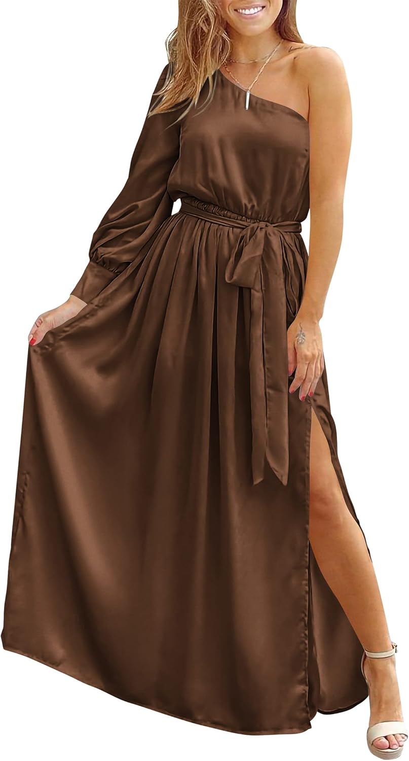 KIRUNDO Women's Dress, Special Satin Long Sleeve Maxi Dress, Unique One Shoulder...