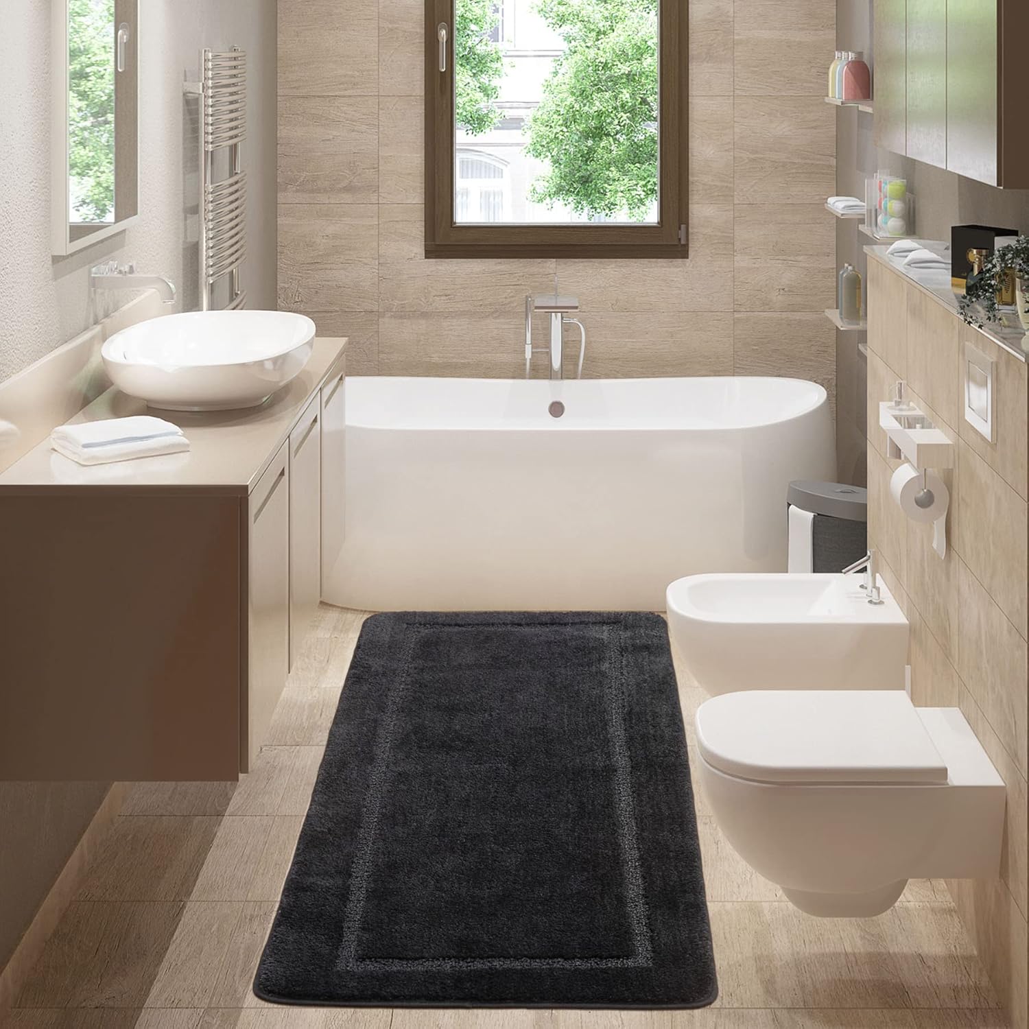 SOANNY Black Bathroom Mat, Large Fluffy Soft Microfiber Bath Mats with Non Slip...
