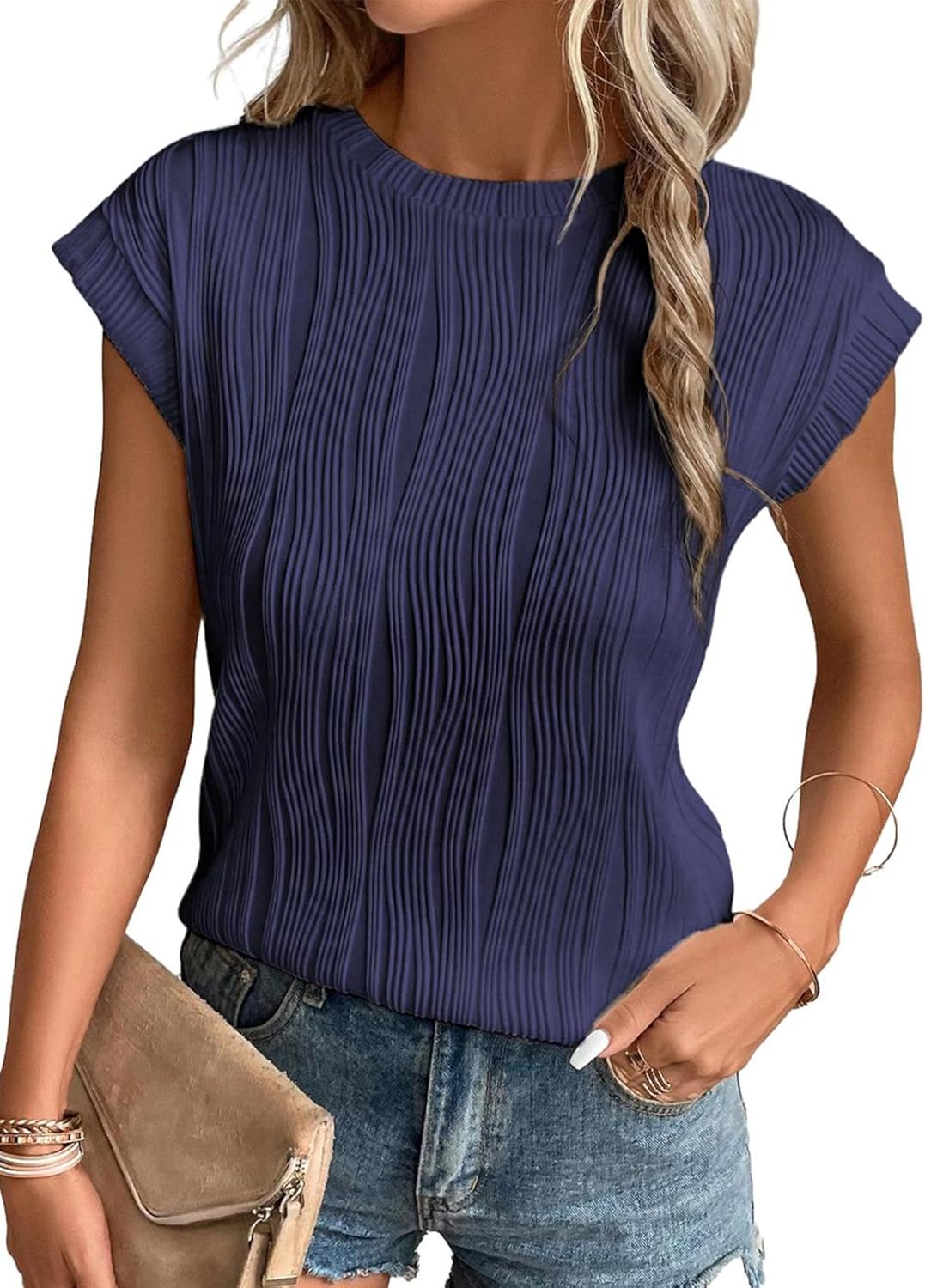 EVALESS Womens Tops, Special Short Sleeve Textured Tops, Innovative Crewneck Kni...