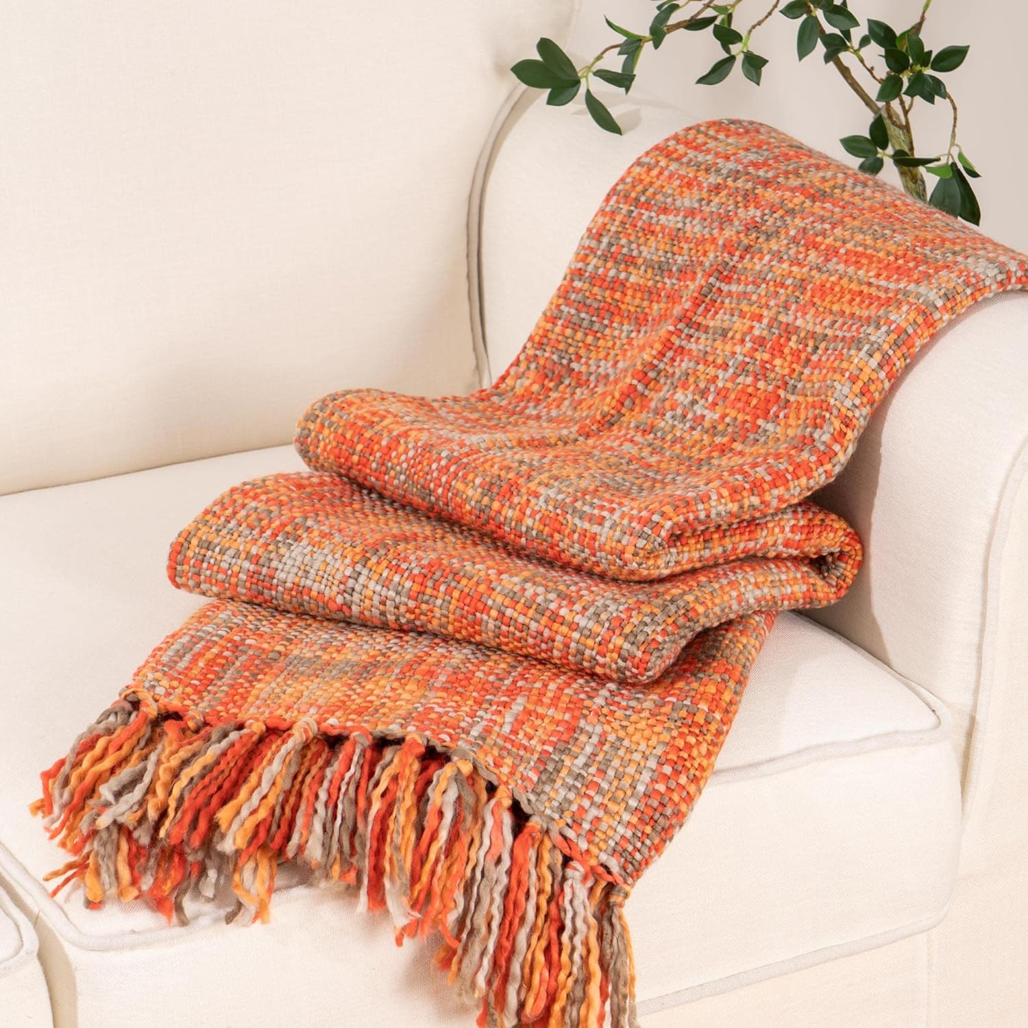 BATTILO HOME Orange Throw Blanket for Sofas Rustic Fall Decorative Bed Throws Bo...