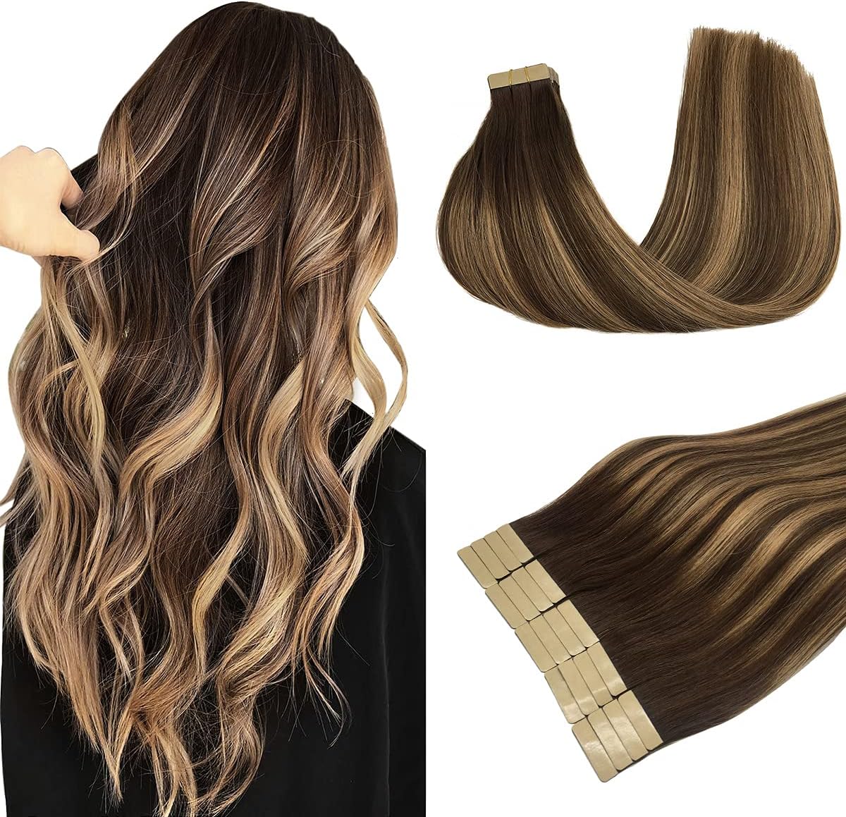 DOORES 20pcs Human Hair Balayage, Special Chocolate Brown to Caramel Blonde Remy...