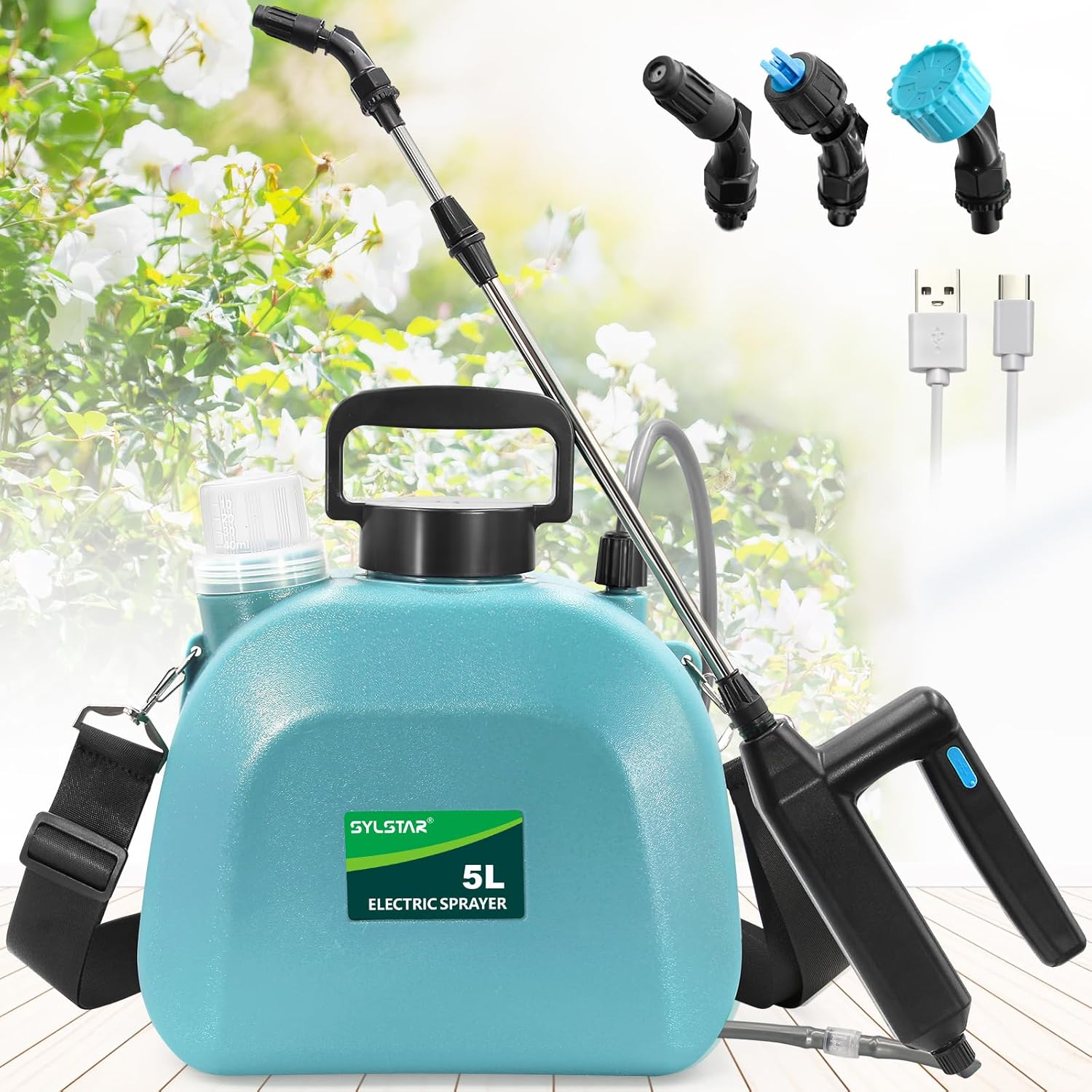 Battery Powered Sprayer 5L, Upgrade Electric Sprayer with 3 Mist Nozzles, USB Re...