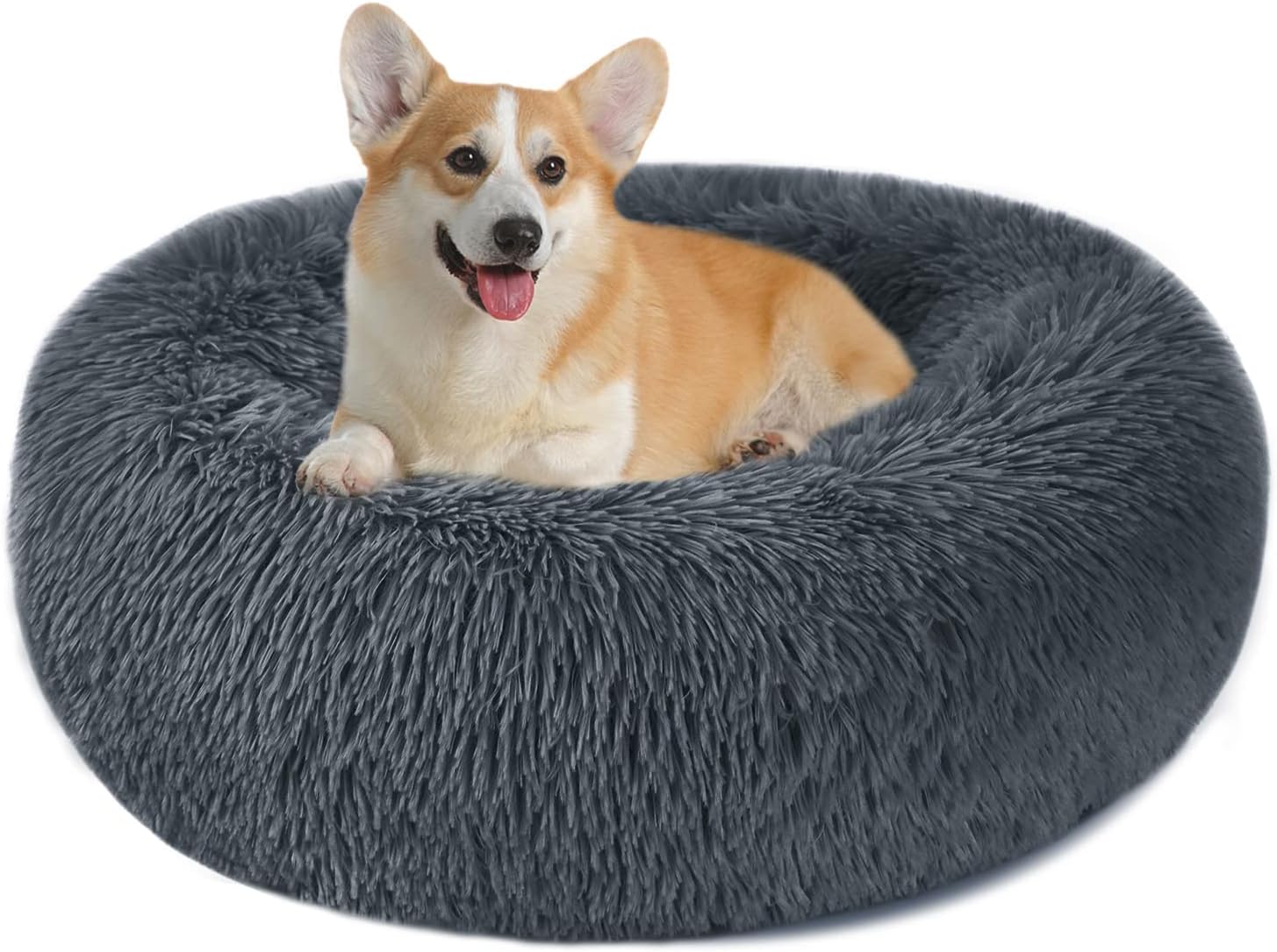 Calming Dog Cat Donut Bed - 23.6in Fluffy Plush Puppy Kitten Cuddler Round Bed,...