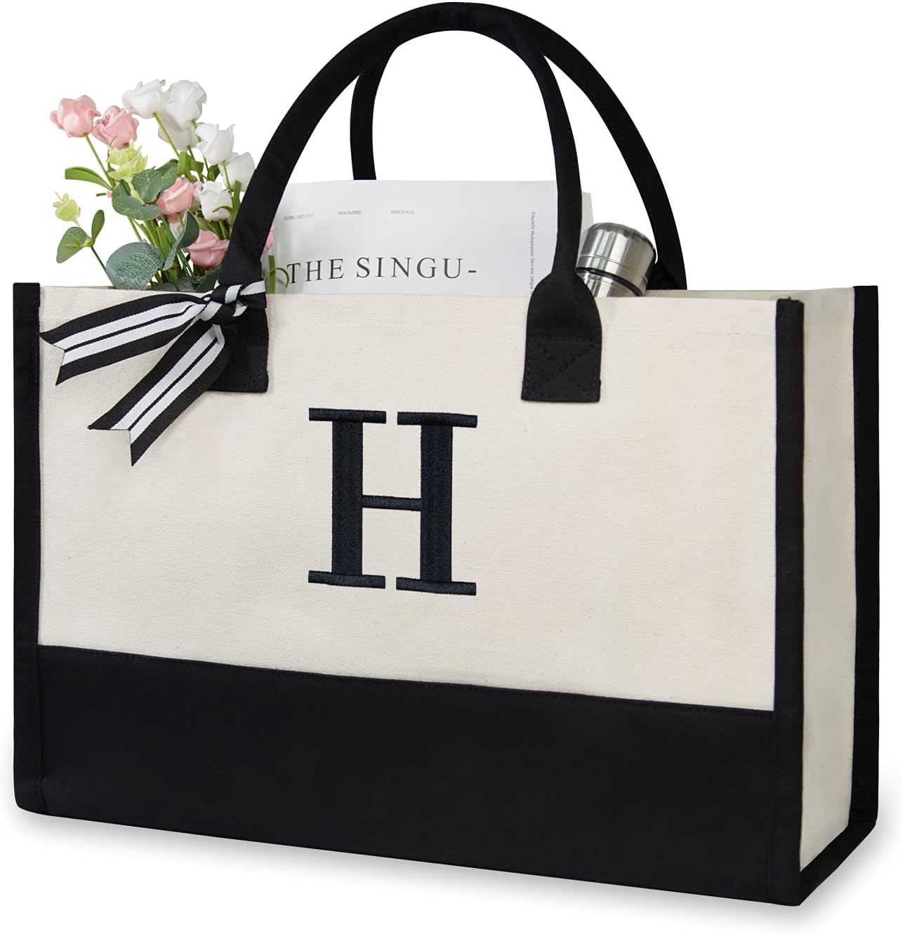 Personalized Initial Canvas Beach Bag, Special Monogrammed Gift Tote Bag for Wom...