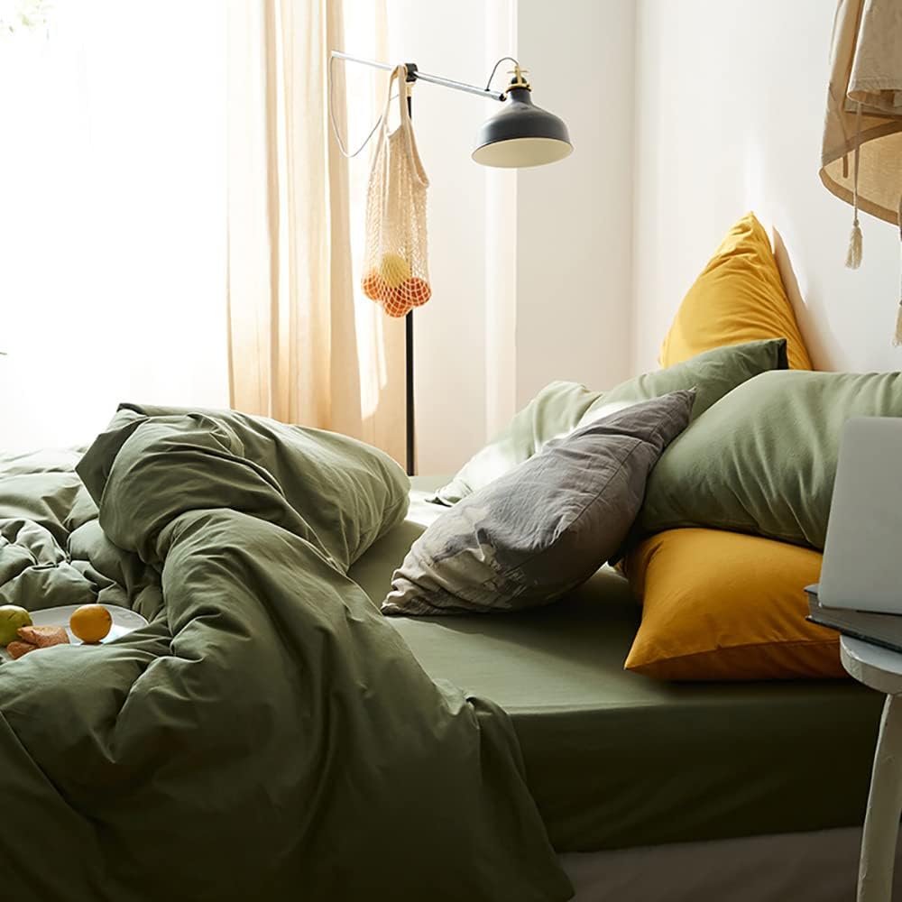 Michorinee Double Duvet Cover Set Olive Green Plain Brushed Microfiber Bedding S...