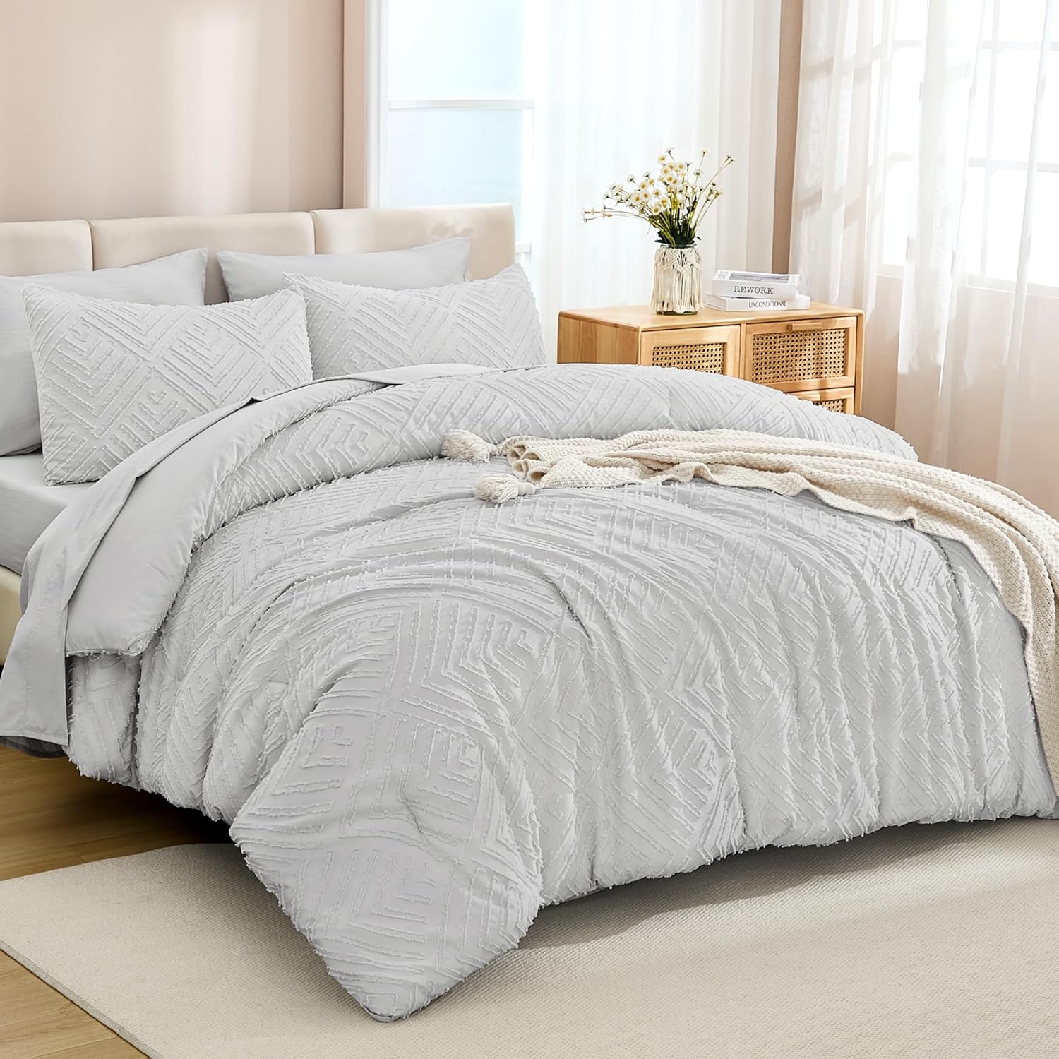 Andency Light Grey Comforter Queen Size Set with Sheets - 7 Pieces Boho Bed in a...