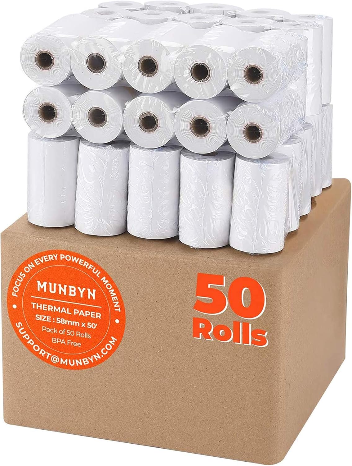 MUNBYN 2 1/4" x 50' Thermal Paper (50 Rolls), BPA Free Receipt Paper, 58mm Therm...