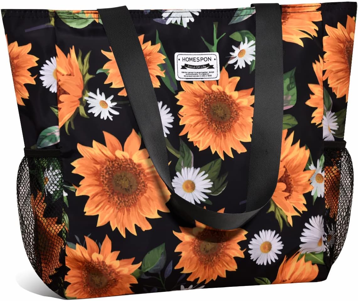 HOMESPON Large Tote Bag, Special Waterproof Beach Bag with Zip and Pockets for W...