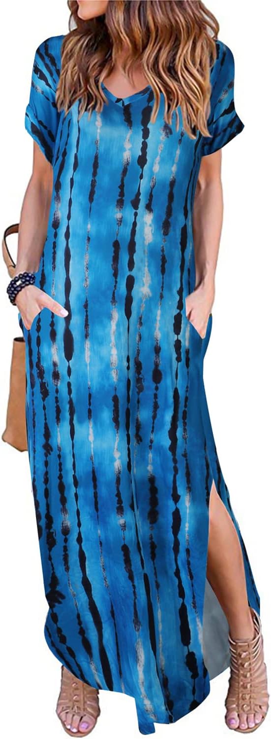 Arolina Women's Summer Maxi Dress Short Sleeve V Neck Casual Loose Long Beach Sp...